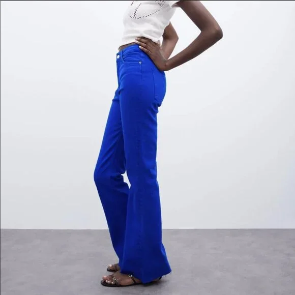 Zara Women’s Jeans Size 4 Juno Blue High Waist Skinny Flare Raw Hem - Picture 1 of 5